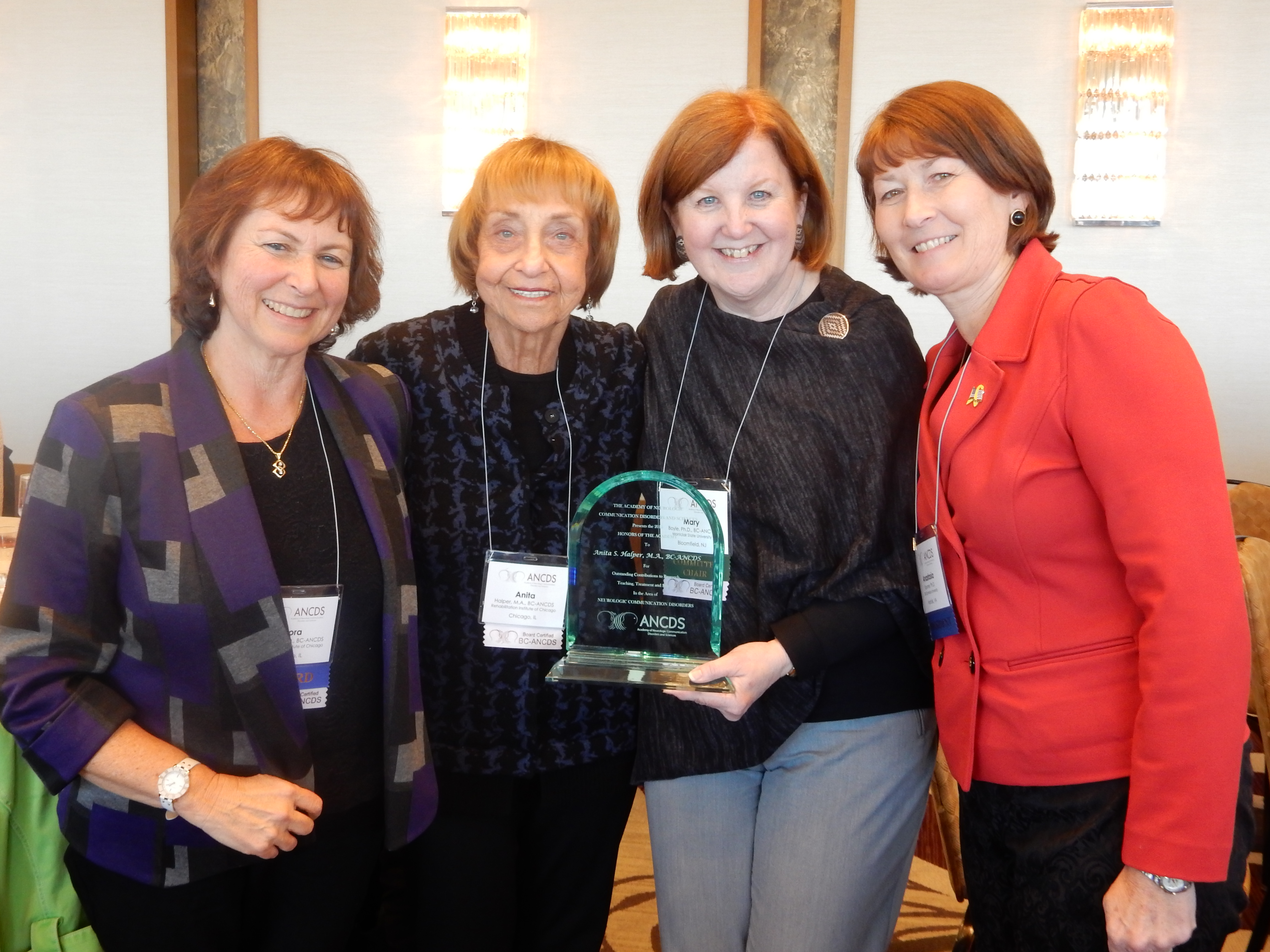 Anita Halper honoree (second from left), with her nominators, Leora Cherney (left) and Stacie Raymer (right), and Mary Boyle, Chair of the ANCDS Committee on Honors.